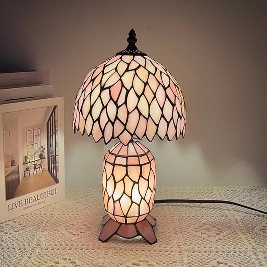 Small Tiffany Lamp Stained Glass Table Lamp Mini Mother Daughter Vase Desk Accent Night Light for Bedroom Bedside Reading Home Antique Style 8X14 Inches (Pink Wisteria)