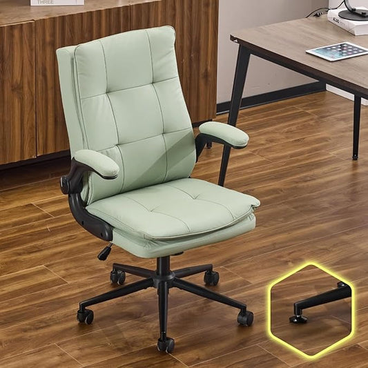 VINGLI Comfy Green Leather Office Desk Chair, High-Back Support Ergonomic Computer Task Gaming Chair,with Removable wheels,360° Swivel,Adjustable Height,Flip-Up Arms,for Adults,Teen,Vanity,Home Office