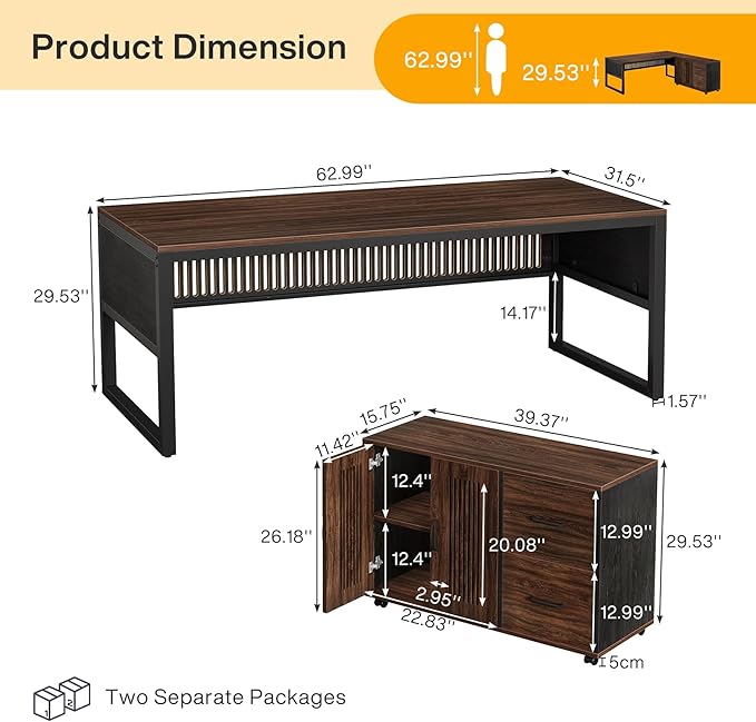 Tribesigns 63-Inch L-Shaped Executive Desk with Mobile File Cabinet, Large Office Computer Desk, Business Furniture Table with Drawers and Storage Shelves for Home Office, Dark Walnut & Black