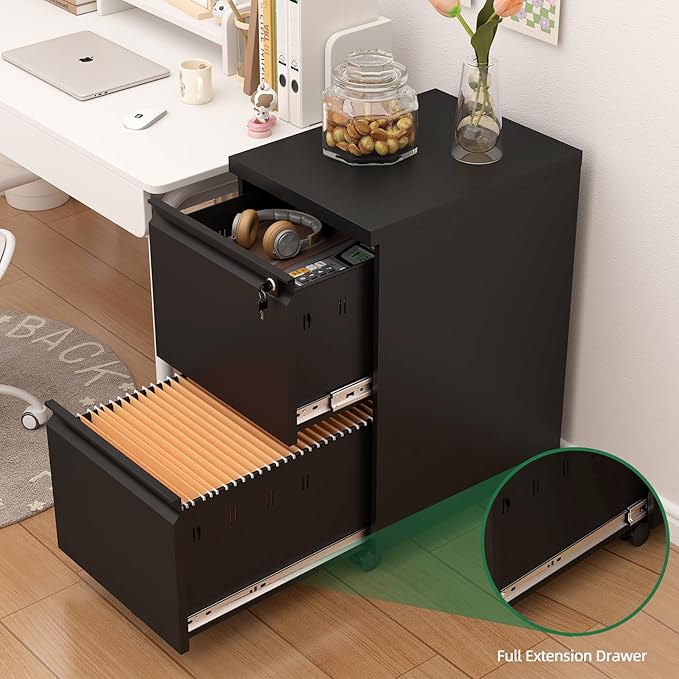2 Drawer Black File Cabinet with Lock,29" H Small Filing Cabinet for Under Desk,Metal Mobile File Cabinet for Home Office Organizer Letters/Legal/A4(Assembly Required)