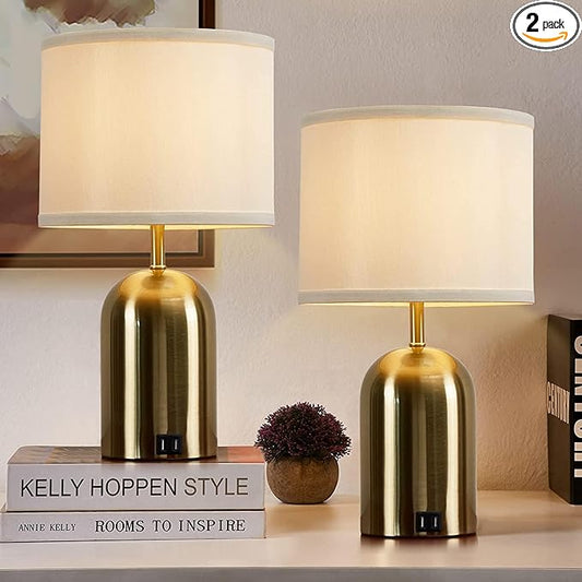GyroVu Touch Control Table Lamps Set of 2, Gold Bedside Table Lamps for Bedroom Living Room Office, Modern 3 Way Dimmable Desk Lamp for Nightstand with 2 USB Charging Ports, 2 Bulbs Included