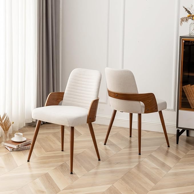 Dining Room Chairs Set of 2,Mid Century Modern Kitchen Chairs,Upholstered Beige Fabric Accent Chairs,Metal Legs Wooden Desk Chairs Armless and No Wheels for Kitchen Dining Living Room