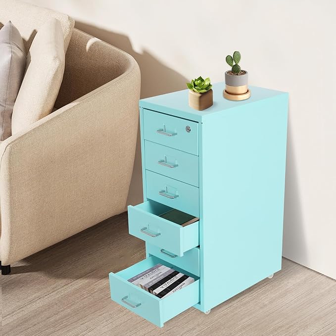 DYRABREST 6 Drawers Rolling File Cabinet, Metal Filing Cabinets with Lock, 27 inch H Vertical Filing Cabinet Under Desk for Home Office, Heavy Duty Metal Storage Cabinet for A4/Letter/Legal Size File