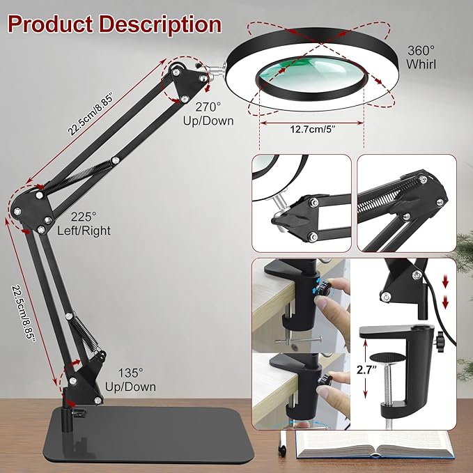 Lighted Magnifying Glass with Light and Stand, 12X Magnifier with Light Hands Free, 5 Color Modes LED Work Lighted, 2-in-1 Magnifying Lamp for Reading Craft Hobby Painting Sewing Close Work