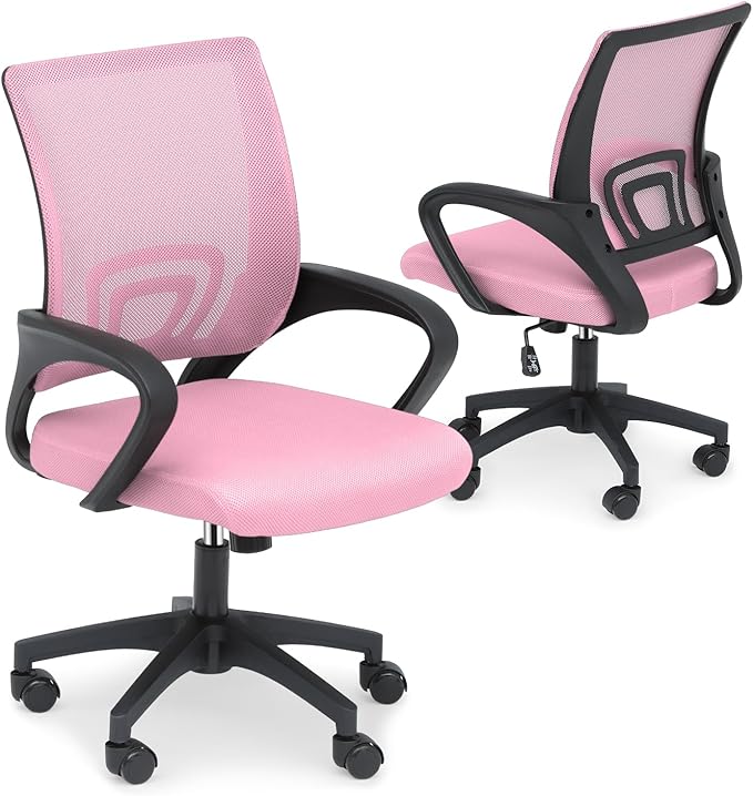Athena Collection Computer Office Chair Set of 2, Ergonomic Desk Chair with Rolling Wheels, Mesh Back Support and Height Adjustable, Small and Comfy for Home Office, Study, Pink