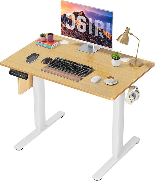 40 x 24 in Electric Standing Desk - Memory Height Adjustable Ergonomic Sit-to-Stand Rising Computer Table Gaming Workstations with 2 Hooks and Wire Hole for Home Office, Natural