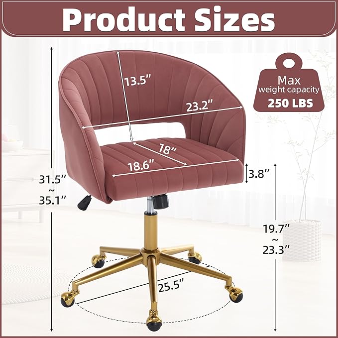 ABET Desk Chair with Wheels, Velvet Home Office Chair, Swivel Armchair Gold Base, Upholstered Modern Accent Chairs, Back Incline Adjustable for Living Room Bedroom Vanity, Bean Paste Red