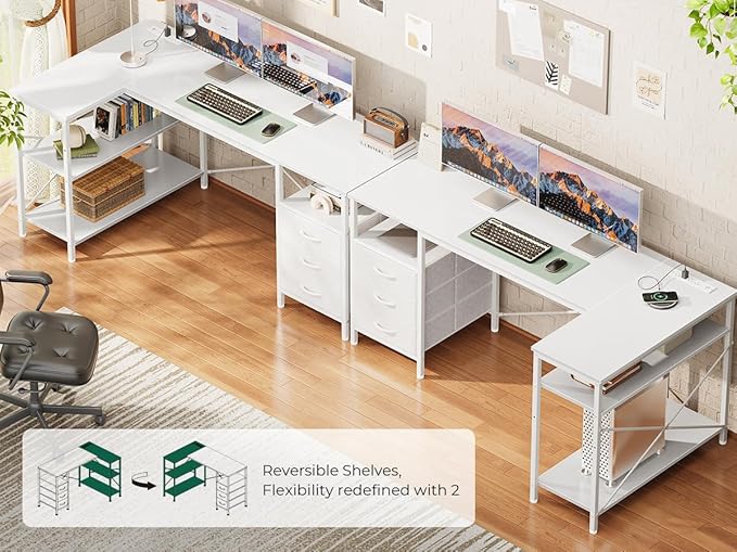Huuger L Shaped Office Desk with Power Outlets, 55 Inch Computer Desk with 3 Drawers, Shelves, Reverisble for Gaming Corner Work Home Office Study, White