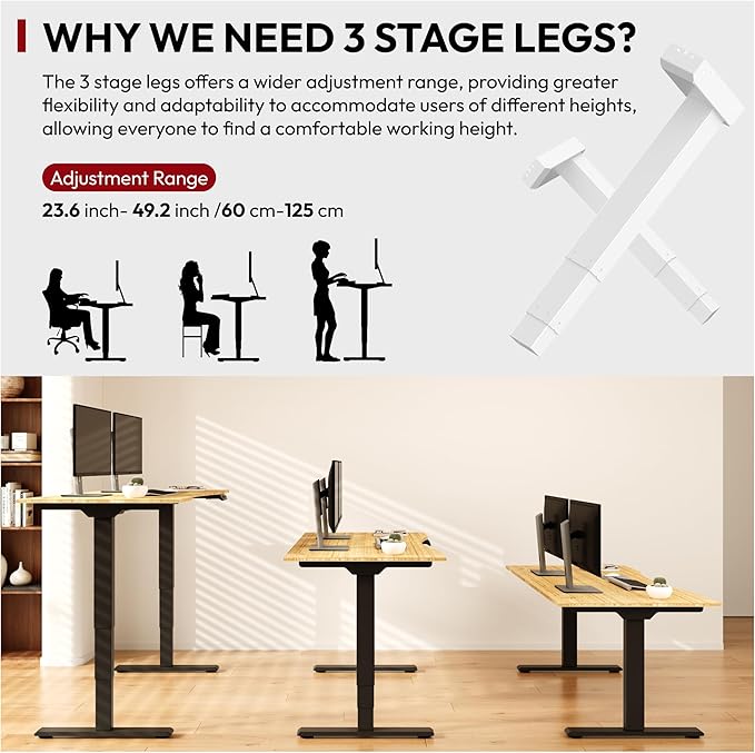 SANODESK 55 Inch 3 Stage Bamboo Electric Standing Desk, Dual Motor Height Adjustable, Stable and Durable Sit to Stand Home Office Desk (Black Frame/ 55' x 28' Curved Natural Bamboo Top)
