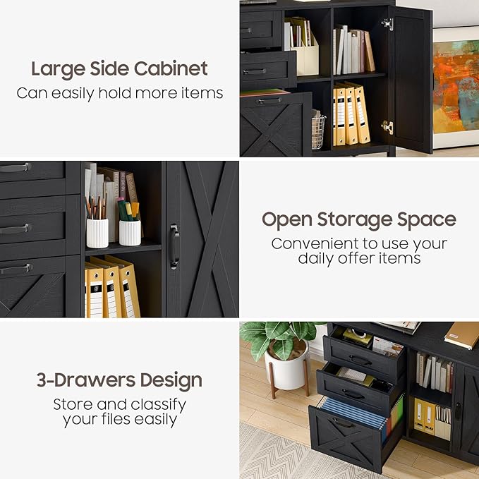 Lateral File Cabinet with 3 Drawers and Door, Farmhouse File Cabinet with Adjustable Shelf for Letter/A4 Size Hanging Files, Printer Stand with Storage Cabinet for Home Office Furniture, Black