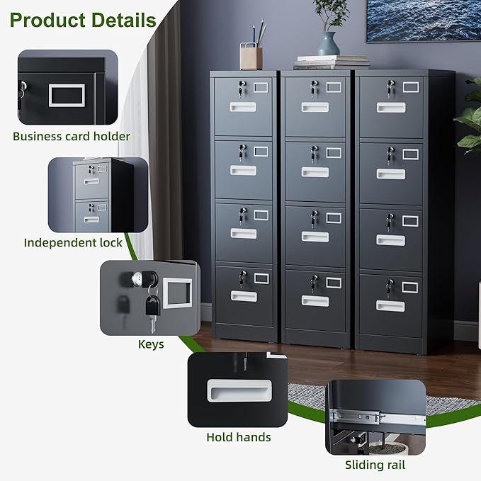 Aobabo 4 Drawer File Cabinet, Metal Filing Cabinet with Lock for Office Letter/Legal Size,Black,Required-Assembly