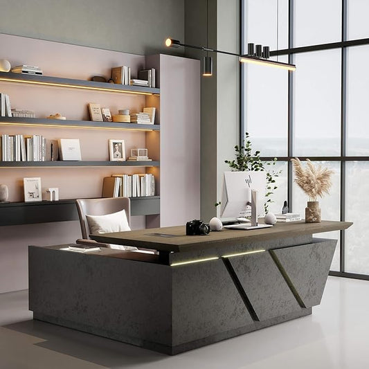 86.61 In Modern Executive Desk - Adjustable Height L-Shaped Executive Desk with Drawers & File Cabinet, Black Luxury Home Office Desk, Standing Desks Business Workstation with Universal Charging Ports