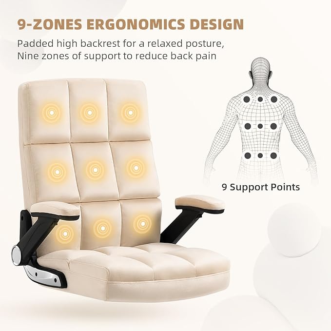 SEATZONE Executive Office Chair,Comfortable Soft Velvet High Back Computer Chair,Swivel Work Chair with Flip-up Armrests Adjustable,Beige
