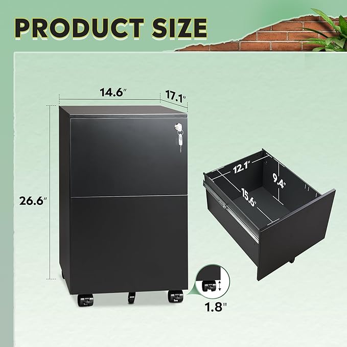 DEVAISE 2-Drawer File Cabinet with Lock, Rolling Metal Filing Cabinet on Wheels for Home Office, Fully Assembled Under Desk Storage Organizer, Black, 17" D x 15" W x 27" H