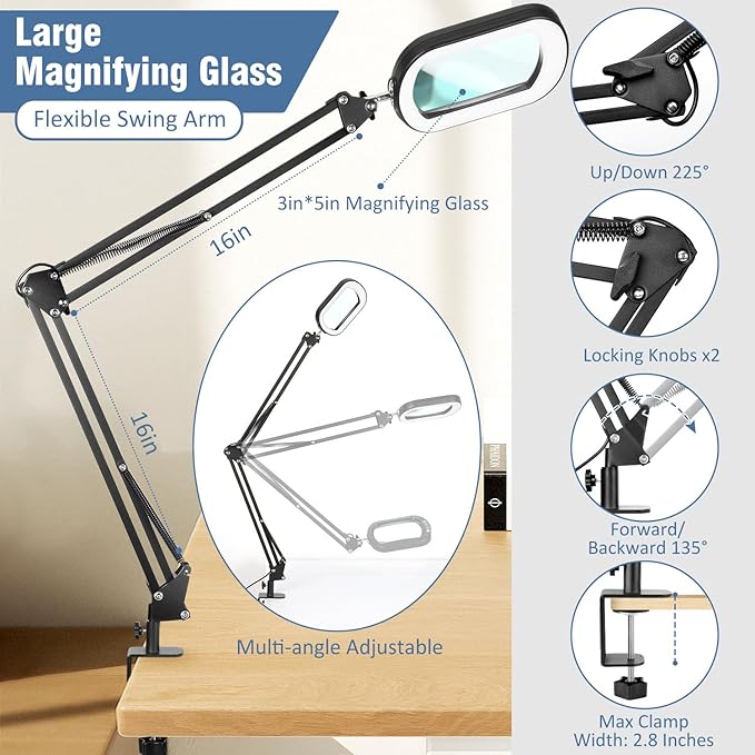10X Rectangle Magnifying Glass with Light and Clamp, 2*16 Inch Large Swivel Arm LED Desk Lamp, 5 Color Modes Brightness Steepless Dimming, Hands Free Lighted Magnifier Stand for Craft Reading Painting