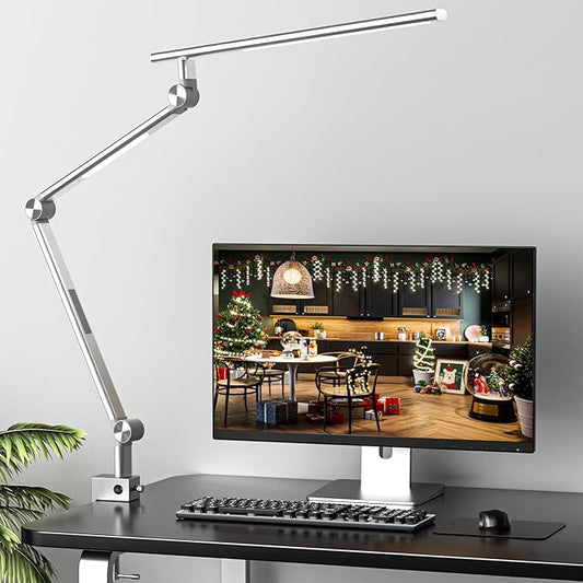 VERSKI LED Desk Lamp, Dual Light Source 18W Brightest, Eye-Caring Optical Lens, Task Lamp with 5 Color Modes & Brightness, Aluminum Alloy Clip or Clamp