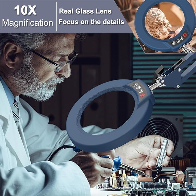 10X Magnifying Glass with Light and Stand, Upgrade Button 5 Color Modes Stepless Dimmable, 2-in-1 LED Lighted Magnifier Light, Hands Free Desk Lamp with Clamp for Craft Hobby Close Work - Blue