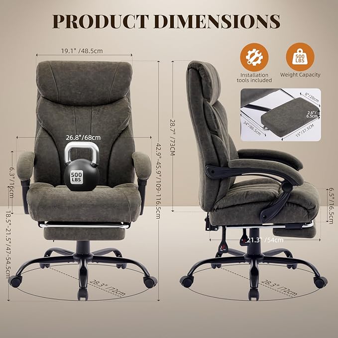 Leather Home Office Chair with Foot Rest,500lbs Big and Tall Ergonomic Desk Chair,360°Swivel Free,90°-155°Recline,43"- 47" Height Adjustable,Silent 360° Casters for Home Office Computer Desk