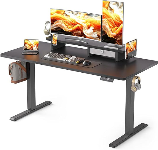 55x24 Inches Electric Standing Desk with Drawer and Monitor Stand, Height Adjustable Stand up Desk for Home Office, Ergonomic Sit to Stand Table with Phone Holder, 3 Hooks, Black