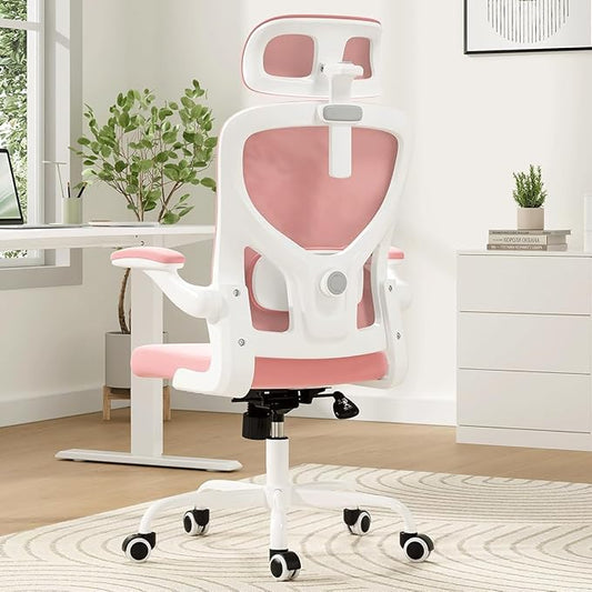 Soohow Ergonomic Office Chair, Office Mesh Desk Chair with Adjustable Lumbar Support Armrests, Comfy Computer Desk Chair with Headrest, for Home and Office, White & Pink