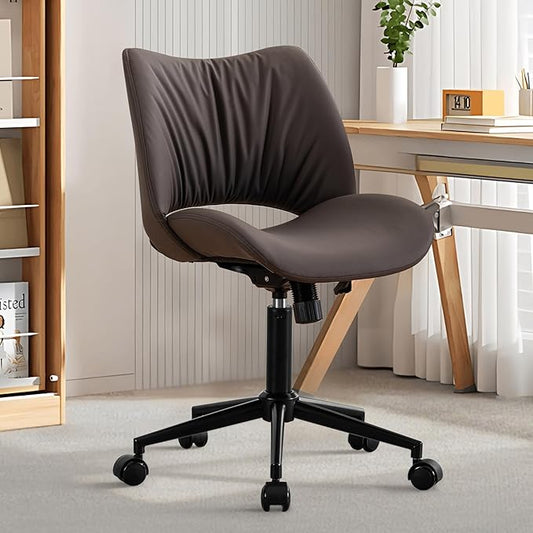 Rowill Armless Office Desk Chair, Ergonomic PU Leather Modern Task Chair with Back Adjustable Height, 360° Swivel Vanity Chairs with Wheels for Small Space, Home Office, Bedroom, Brown
