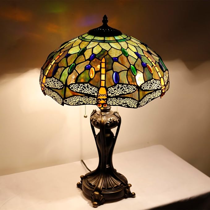 Tiffany Stained Glass Table Lamp 16X16X24 Inch Amber Yellow Dragonfly Style Desk Bedroom Living Room Antique Reading Light (Amber Yellow)