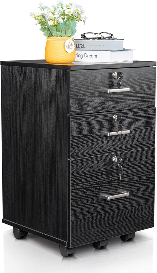 Karl home Wooden File Cabinet, 3 Drawer Vertical File Cabinets with 3 Lock,Printer Stand Mobile Storage Cabinet,Filing Storage Drawer for Home,Office,Black(15.75" L x 15.75" W x 26.1" H)