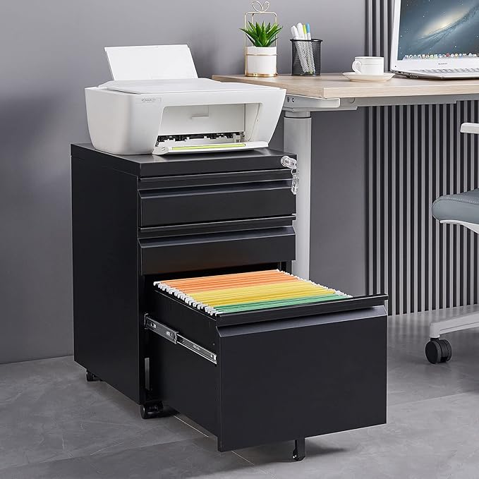 LUCYPAL 3 Drawer File Cabinet,Metal Filing Cabinet with Lock for Home Office,Under Desk Mobile File Cabinets for Letter/Legal/A4 Size,Black,Assemble Required