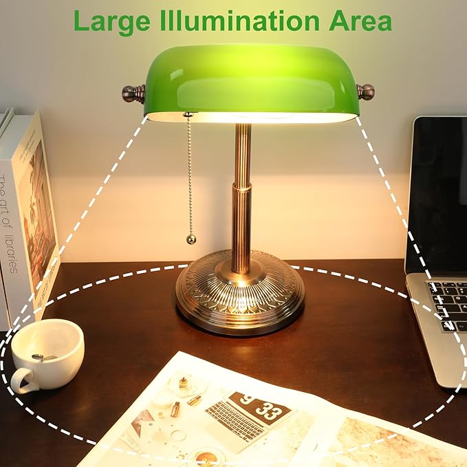 LINNMON Bankers Desk Lamp, Green Retro Lamp, Vintage Lamp with Pull Chain Switch for Home Office (Copper+Green)