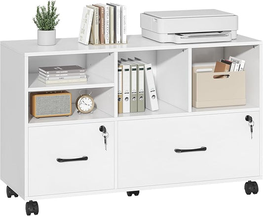 Semoic 2 Drawer Wood Lateral File Cabinet with Lock, Lockable Rolling Filing Cabinet with Open Storage Shelves, Printer Stand Office Storage Cabinet for Home Office Fits Files Legal/A4 Size, White