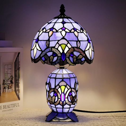 Small Tiffany Lamp Stained Glass Table Lamp Mini Mother Daughter Vase Desk Accent Light for Bedroom Bedside Reading Home Antique Style Decor 8X14 Inches (Blue Baroque)