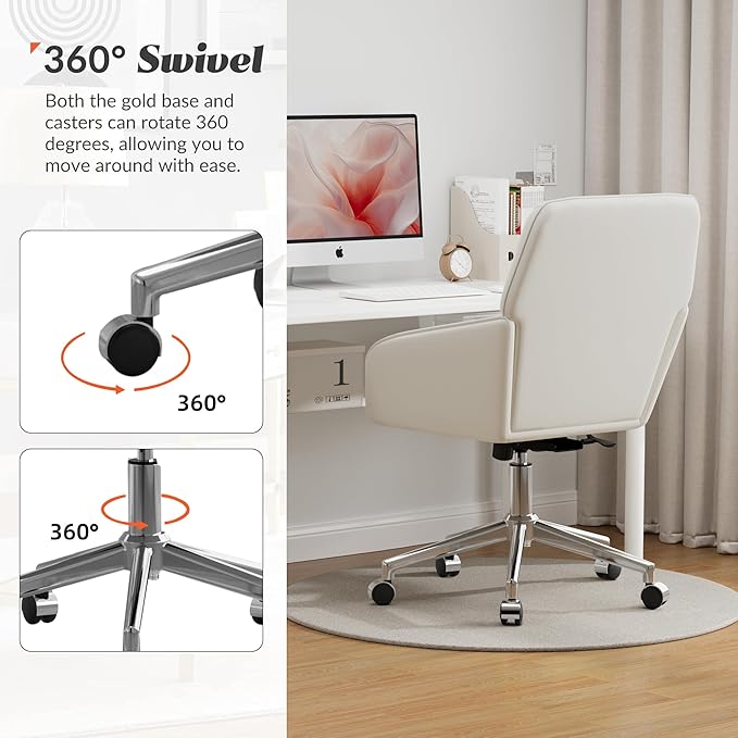YISHENG Velvet Office Desk Chair with Silver Base, with Wheels,Modern Height Adjustable 360 Degree Swivel Upholstered Vanity Chairs with Arms for Living Room Bedroom,Cream