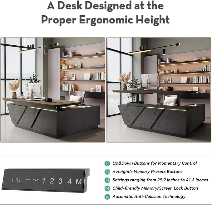 86.61IN Modern Executive Desk - Adjustable Height L-Shaped Executive Desk with Drawers & File Cabinet, Black Luxury Home Office Desk, Standing Desk Business Workstation with Universal Charging Ports