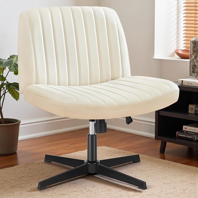 DUMOS Desk Chair No Wheels, Criss Cross Chair Wide Cross Legged Office Desk Vanity Chair, PU Leather Armless Adjustable Swivel Chairs for Home Computer Task Beige