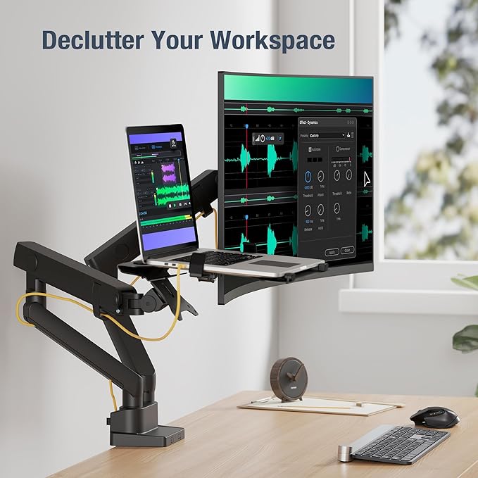 AVLT Laptop and Monitor Arm - Mount 15.6" Notebook and 38" Monitor on 2 Full Motion Adjustable Arms - Organize Your Work Surface with Ergonomic VESA Monitor Mount