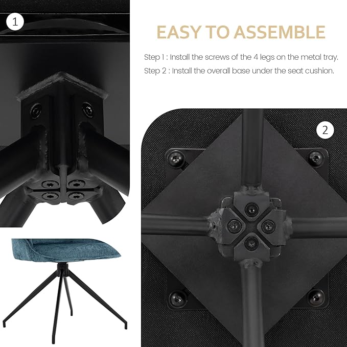 Mid-Century Modern Swivel Accent Chair, Upholstered Armless Desk Chair, No-Wheel Vanity Chair with Metal Legs for Home Office & Bedroom (Blue)