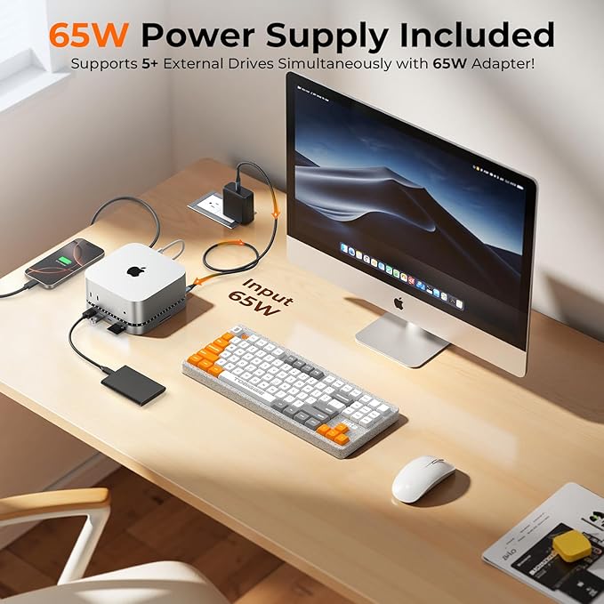 RayCue 40G Mac mini M4 Dock & Stand with 8T NVMe SSD Enclosure,2X USB-A 3.2 10Gbps, USB-C 3.2 10Gbps, SD/TF 4.0, 65W Power,8K DP Video Interface, 3.5m