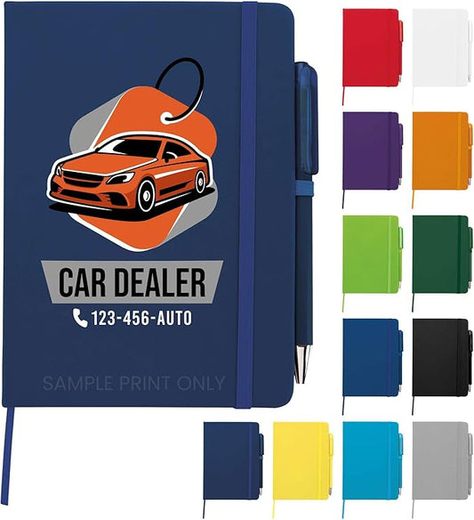 Personalized Notebook Journal – 5” x 7” Customized Notebook with Name, Text or Logo - 100 Page Custom Journal. Leatherette Hardcover & Pen - Navy 75 Pack