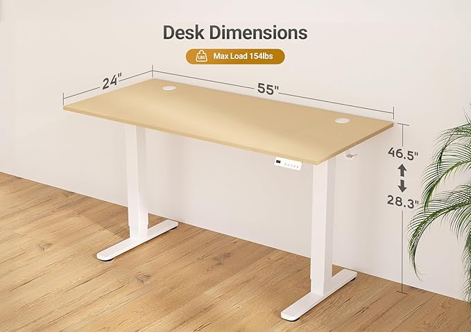 Seang Electric Standing Desk Adjustable Height, 55 x 24 Inch Sit Stand Desk with T-Shaped Frame, 3 Memory Presets & Cable Management for Home Office Computer Workstation, White Frame/Nature Top
