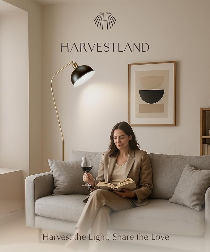 HarvestLand Halo Brass Floor Reading Lamp – Adjustable Pharmacy Floor Lamp with Solid Base, Reading Lamps Floor Standing, Black Floor Lamp for Living Room or Over Chair Use, Bedroom, Antique Décor