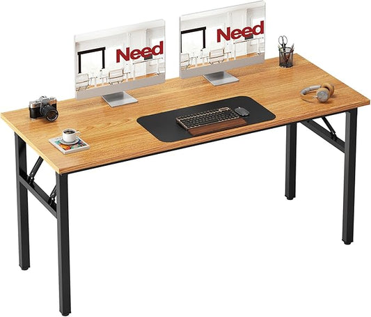 Need Office Computer Desk - 54.3L Sturdy and Heavy Duty Folding Laptop Table, Writing Table Home Office Desk, No Assembly Required Teak&Black