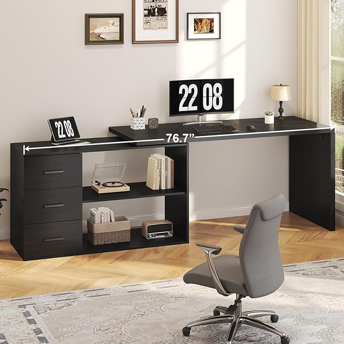 HSH Black L Shaped Desk with Drawers Shelves, 360 Rotating Home Office Desk L Shape with Storage Cabinet, Corner Wood Computer Table for PC Executive Work Study Writing in Bedroom Living Room, 55 in