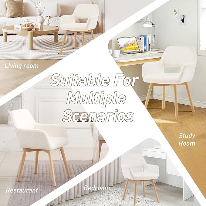 Desk Chair No Wheels Vanity Chair Makeup Chair Comfy Accent Chair for Living Dining Room Bedroom Home Office Mid Century Modern Upholstered Armchair Sofa with Wood Legs (Wool White, 1)