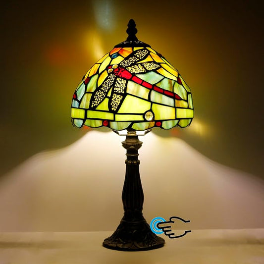 Tiffany Lamp Touch Control Table Lamp Green Red Stained Glass Desk Lamp 8X8X14.5 Inches Dragonfly Style Reading Light