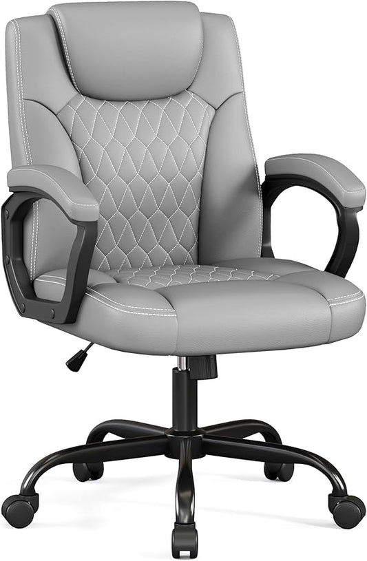 Misolant Office Chair, Executive Desk Chair, PU Leather Comfortable Ergonomic Chairs with Fixed Armrest, Adjustable Height, Rocking Function, 360° Swivel Wheels, Gray