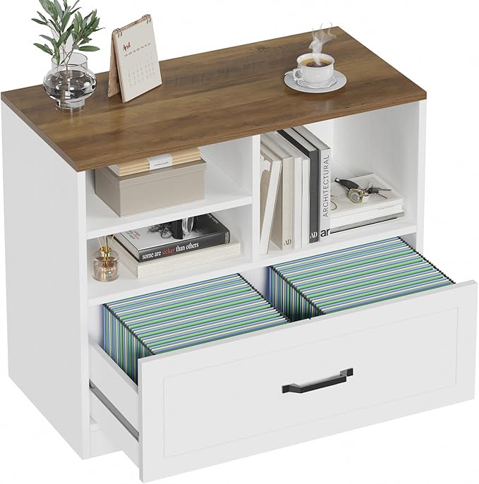 LVB Wood Lateral File Cabinet with Drawer, Wide Filing Cabinet for Letter/Legal/A4/F4 Size, Farmhouse Office Storage File Cabinet Printer Stand with Open Shelf in Home, 32.7 Inch, White and Rustic Oak