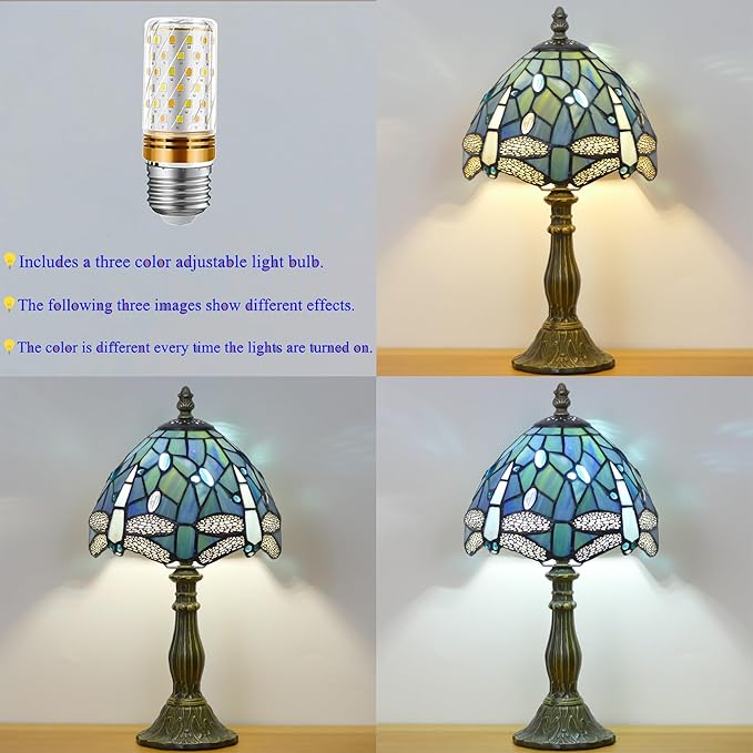 Small Tiffany Lamp Mini Stained Glass Table Lamp Bedside Accent Lamp Memory Sympathy 8X14.5 Inch (Sea Blue Dragonfly)