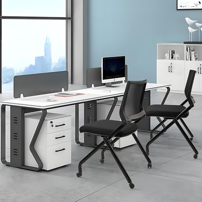 CLATINA Stackable & Foldable Waiting Room Chairs, Conference Room Chairs with Wheels & Lumbar Support, Ergonomic Mesh Bouncing Back Folding Chair for Office Meeting Schools Training, Black, 8PK