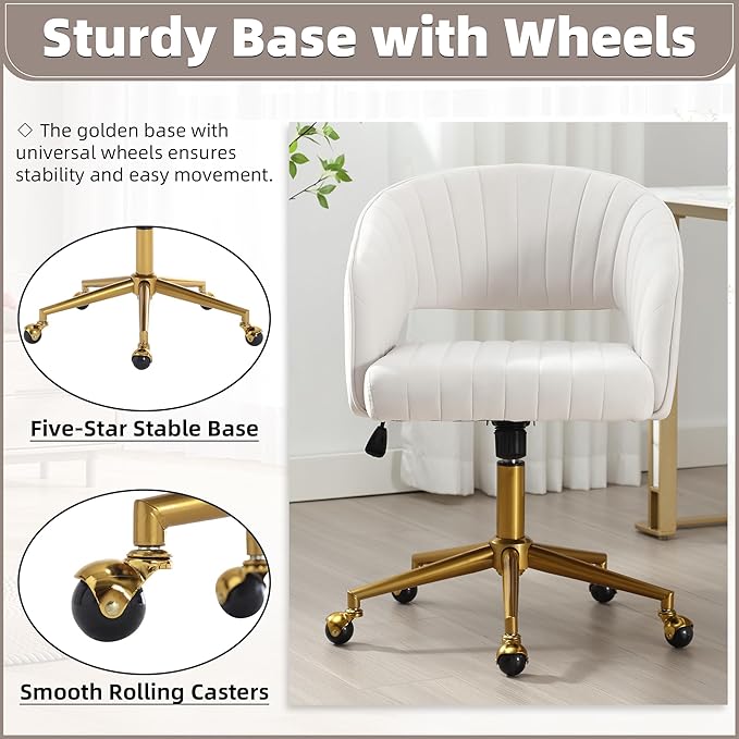 ABET Desk Chair with Wheels, Velvet Home Office Chair, Swivel Armchair Gold Base, Upholstered Modern Accent Chairs, Back Incline Adjustable for Living Room Bedroom Vanity, Off-White Cream