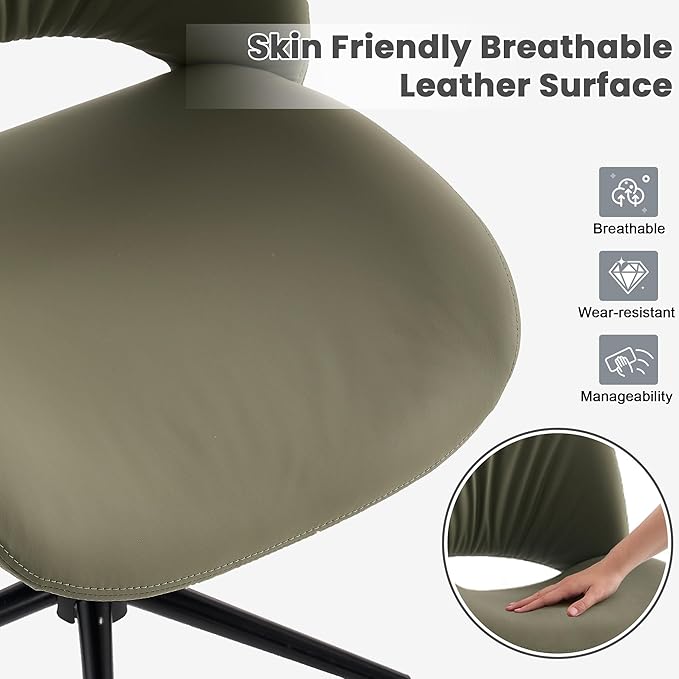Rowill Armless Office Desk Chair, Ergonomic PU Leather Modern Task Chair with Back Adjustable Height, 360° Swivel Vanity Chairs with Wheels for Small Space, Home Office, Bedroom, Olive Green